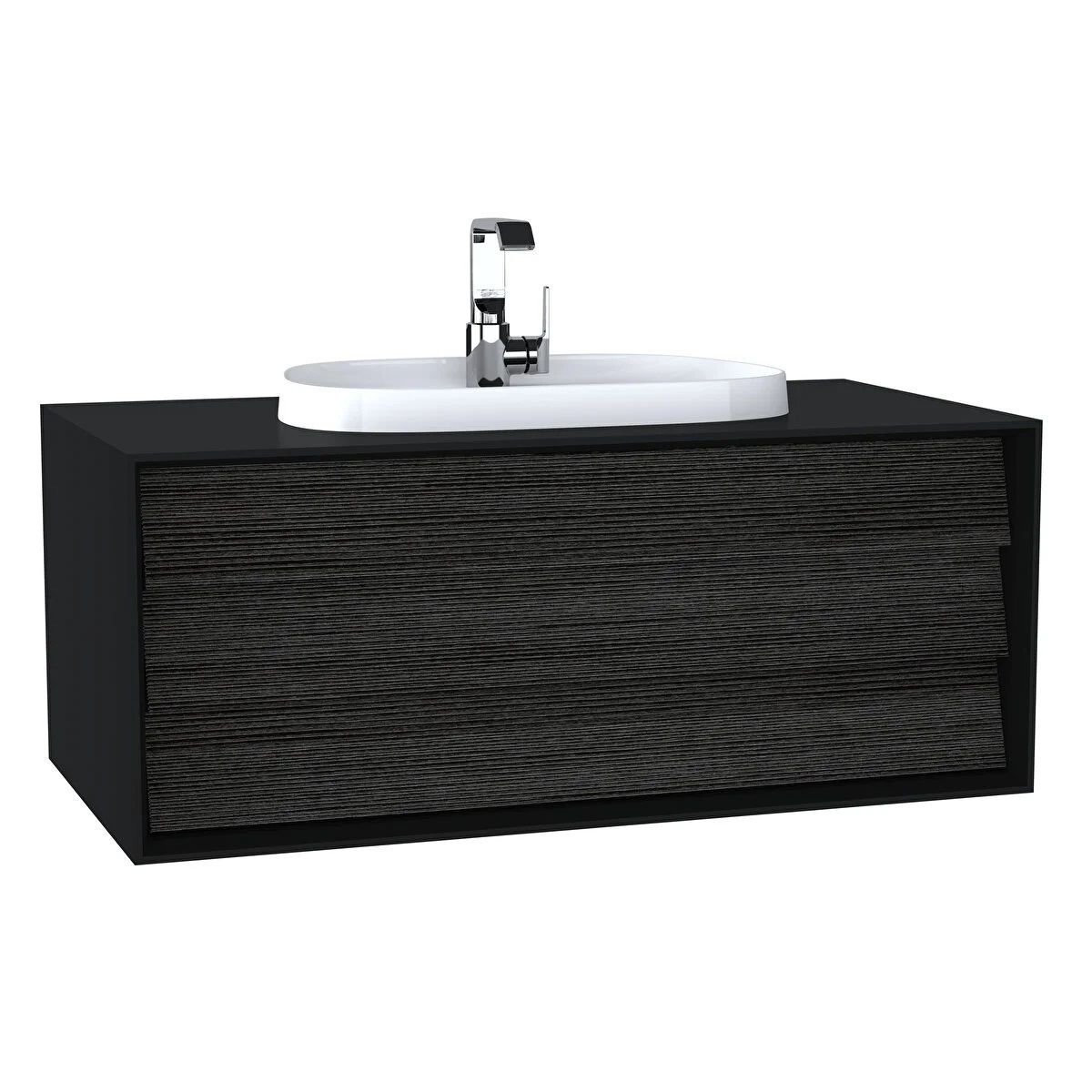 Frame Lavabo Dolabı 100 cm, tek çekmeceli, tezgahüstü Tv-shape lavabolu, armatür delikli, Mat Siyah