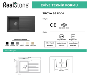 REAL STONE TROYA 86 GRANİT EVİYE BEYAZ